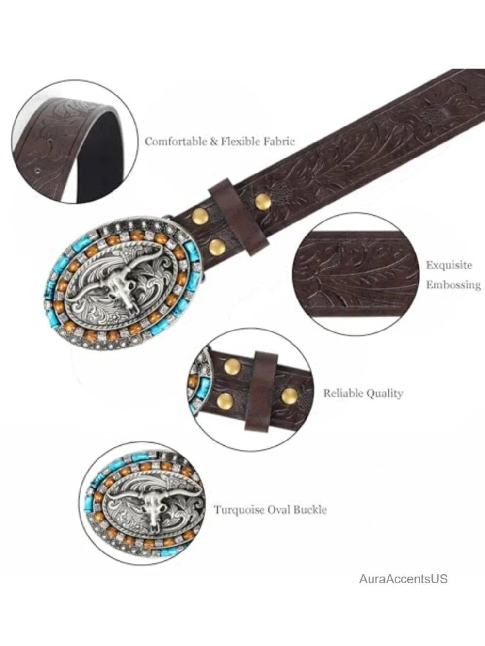 Women's Western Leather Belt with Turquoise Oval Buckle - Cowboy Cowgirl